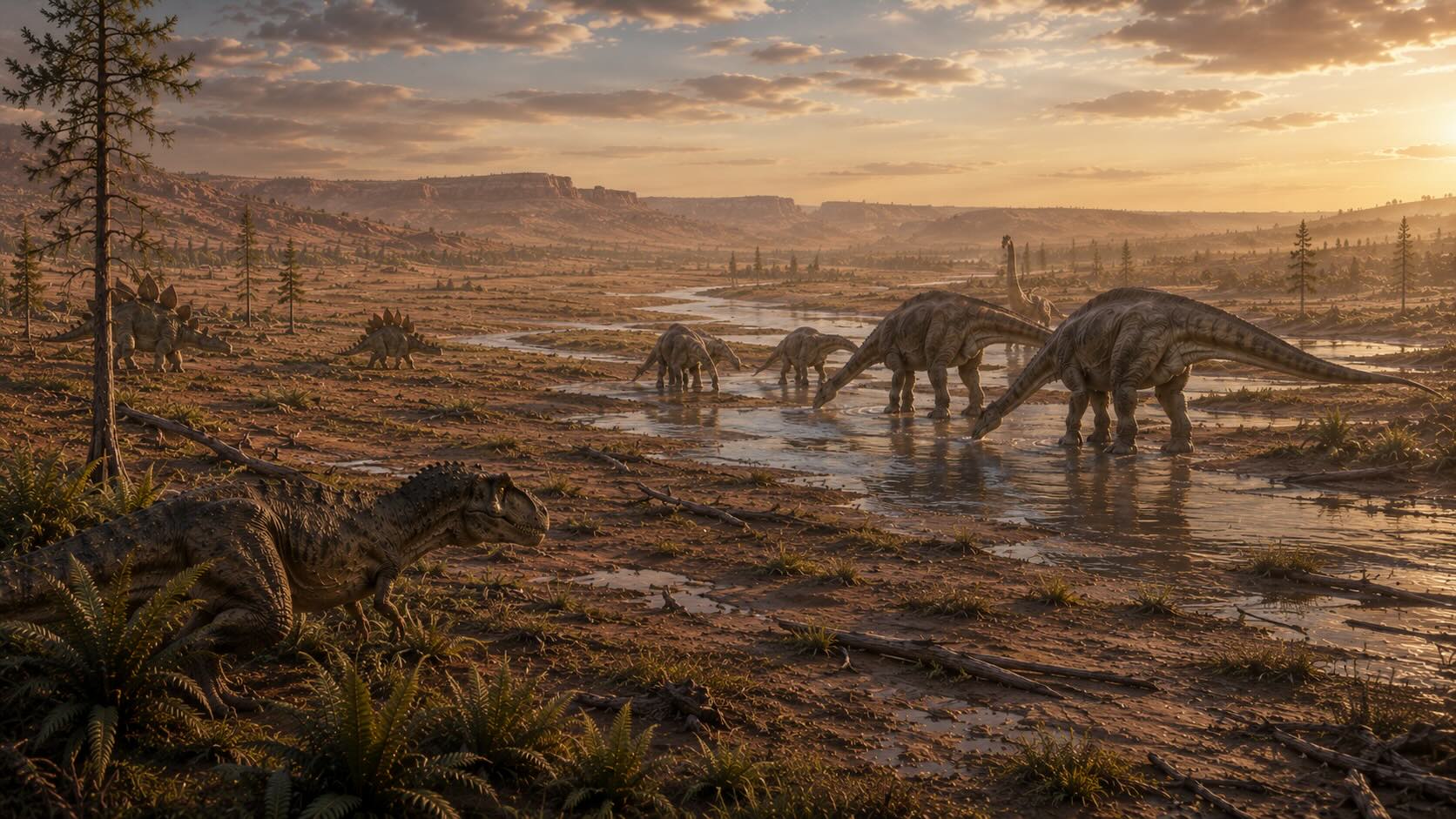 Morrison Formation — jurakauden sauropodeja ja Allosaurus joen rannalla