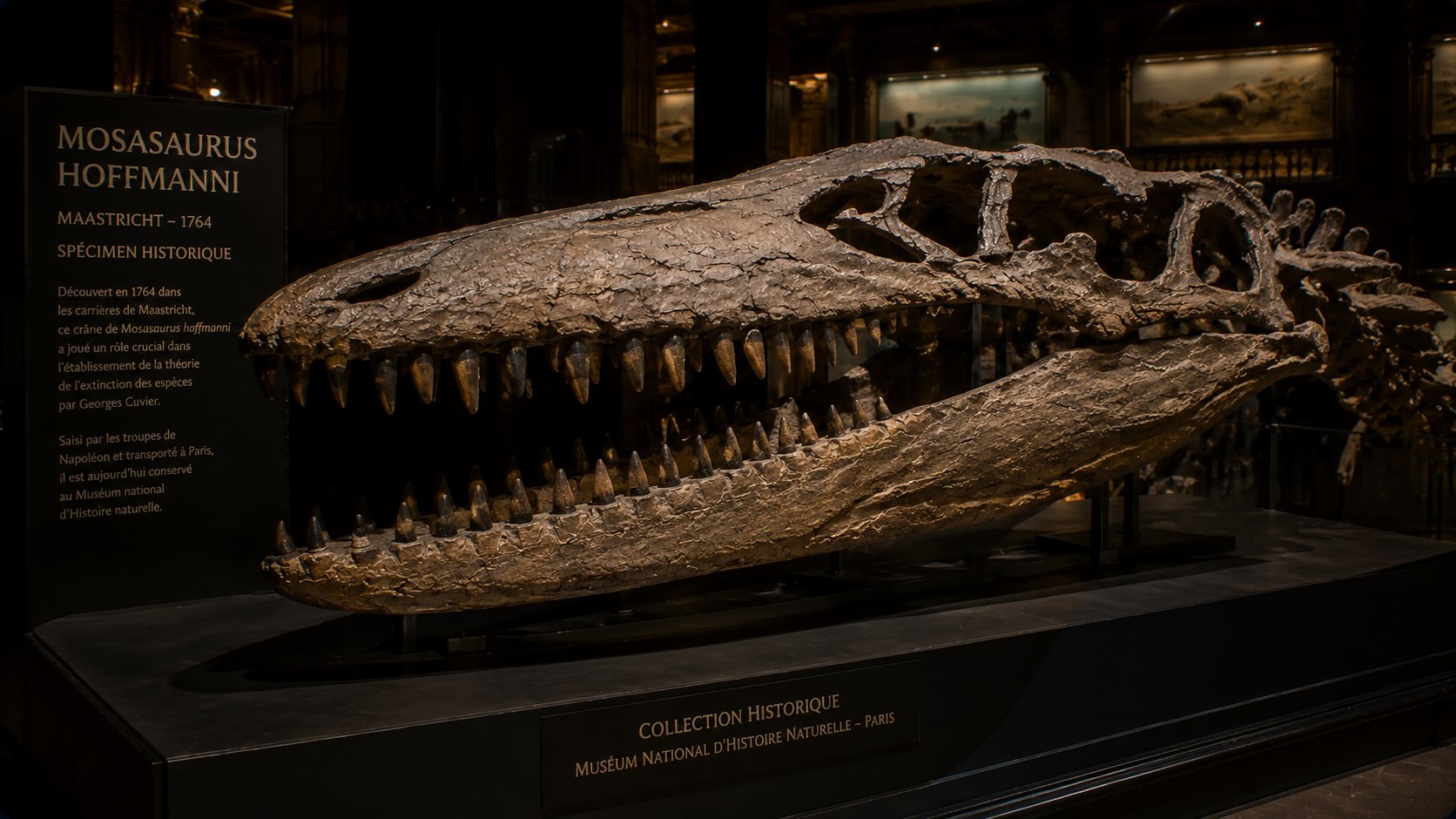 Mosasaurus hoffmanni – meriliskon kallo Muséum national d'Histoire naturellessa, Pariisi, Ranska