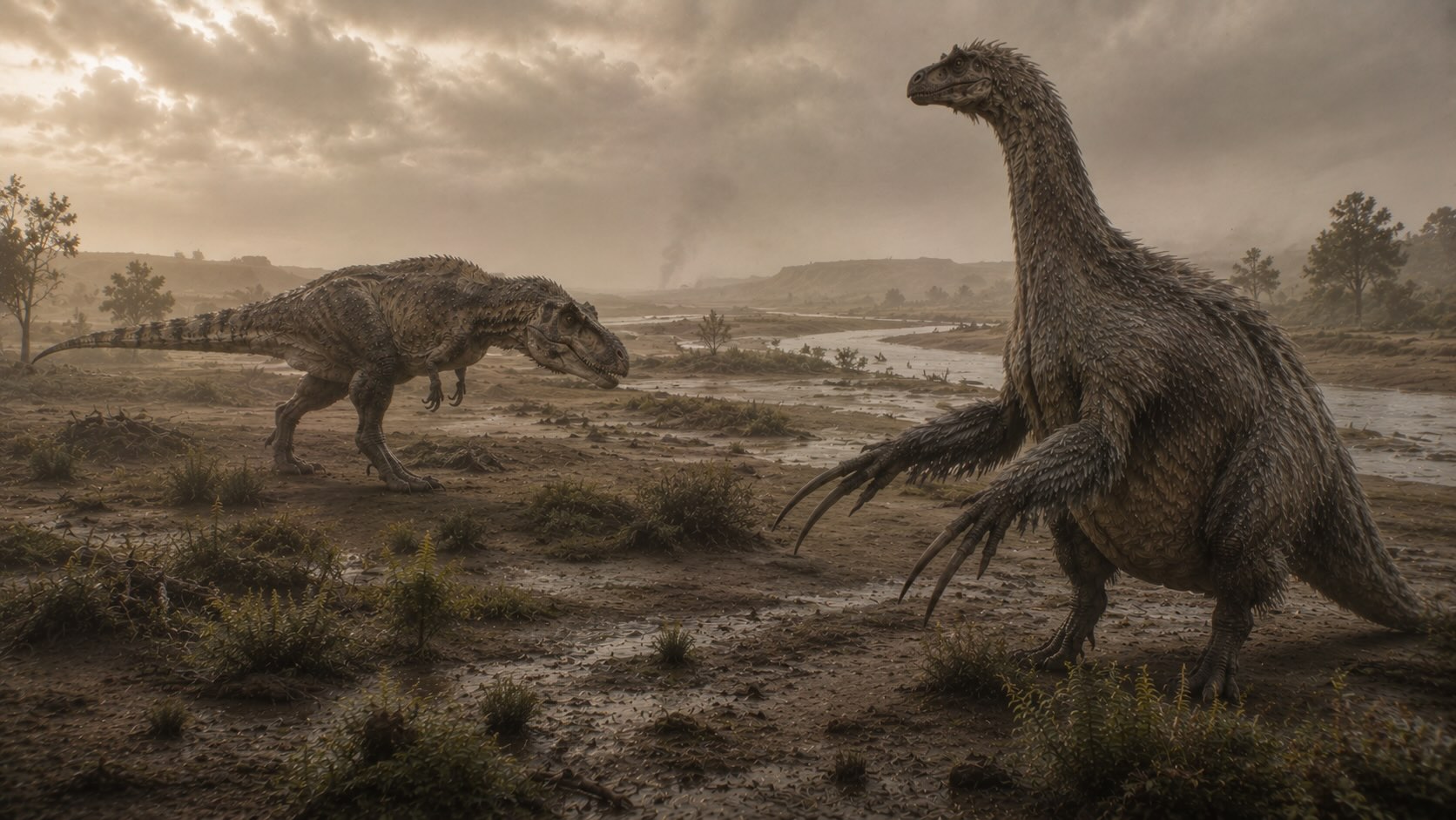 Nemegt-muodostuma — Tarbosaurus ja Therizinosaurus liitukauden lopun jokimaisemassa