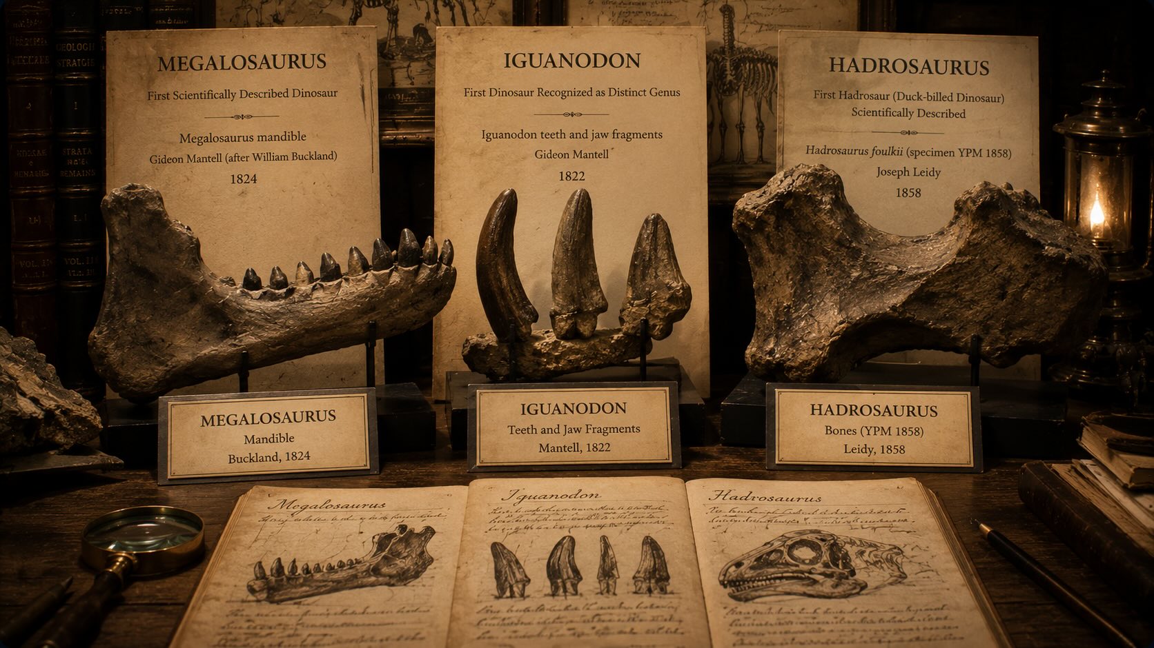 Paleontologian pioneerilöydöt – Megalosaurus, Iguanodon ja Hadrosaurus -fossiilit Natural History Museumissa, Lontoo, Iso-Britannia