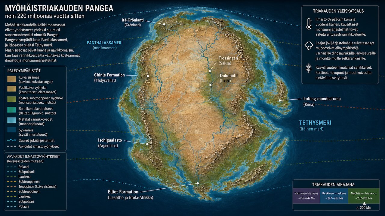 Triaskausi - Pangean paleomaa noin 220 miljoonaa vuotta sitten ja tärkeimmät dinosaurusten löytöpaikat