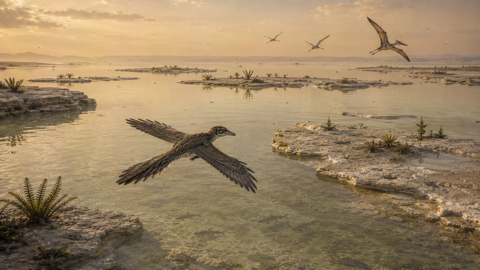 Solnhofen — Archaeopteryx liitää myöhäisjurakauden laguunisaariston yllä