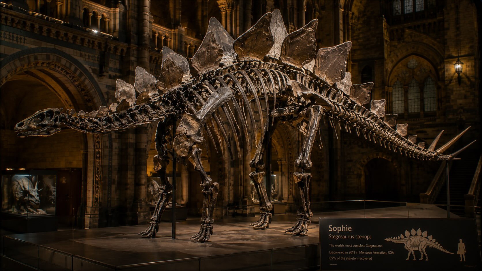 Sophie Stegosaurus – Stegosaurus stenops -luuranko Natural History Museumissa, Lontoo, Iso-Britannia
