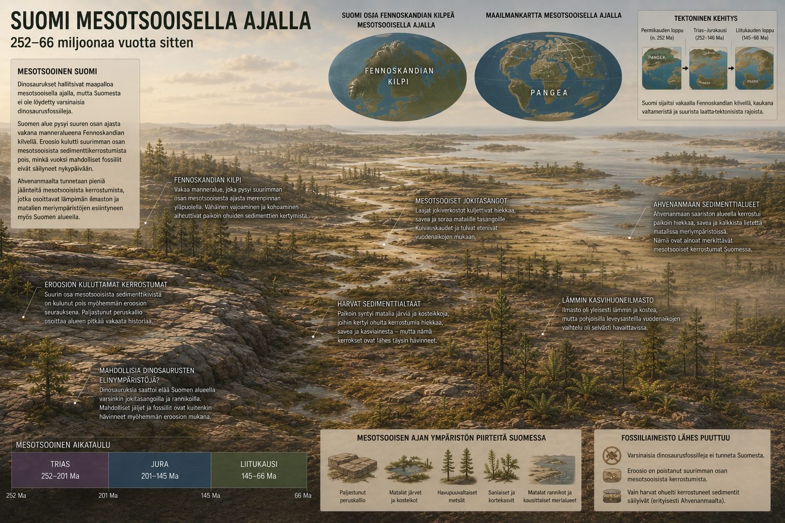 Suomen ilmastohistoria - mesotsoinen aika, Suomen vakaa kalliomaisema dinosaurusten valtakaudella jolloin alue oli jatkuvasti maanpinnan yläpuolella