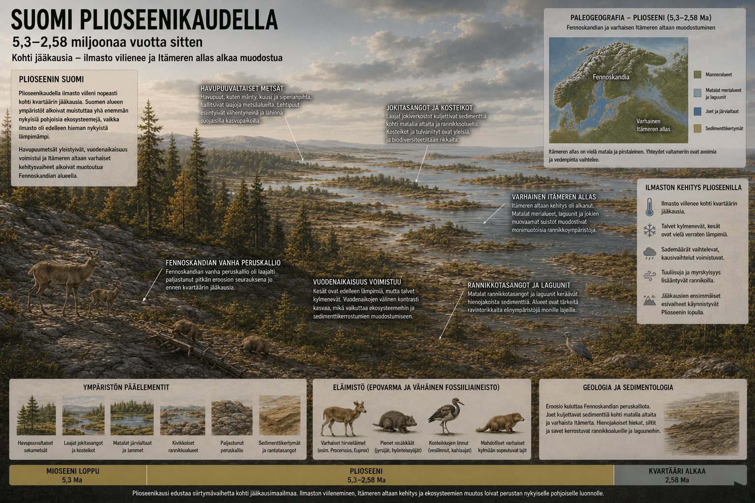 Suomen ilmastohistoria - plioseenikausi, havupuumetsät yleistyvät ja Itämeren altaan varhaisvaiheet alkavat muodostua Fennoskandian alueella