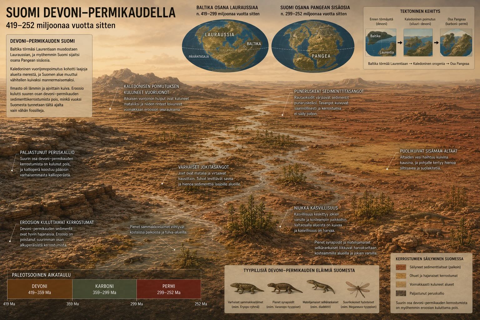 Suomen ilmastohistoria - devoni-permikausi, Kaledonidien vuoriston jäänteet ja Pangean sisäosan kuiva mannermaisema noin 350 miljoonaa vuotta sitten