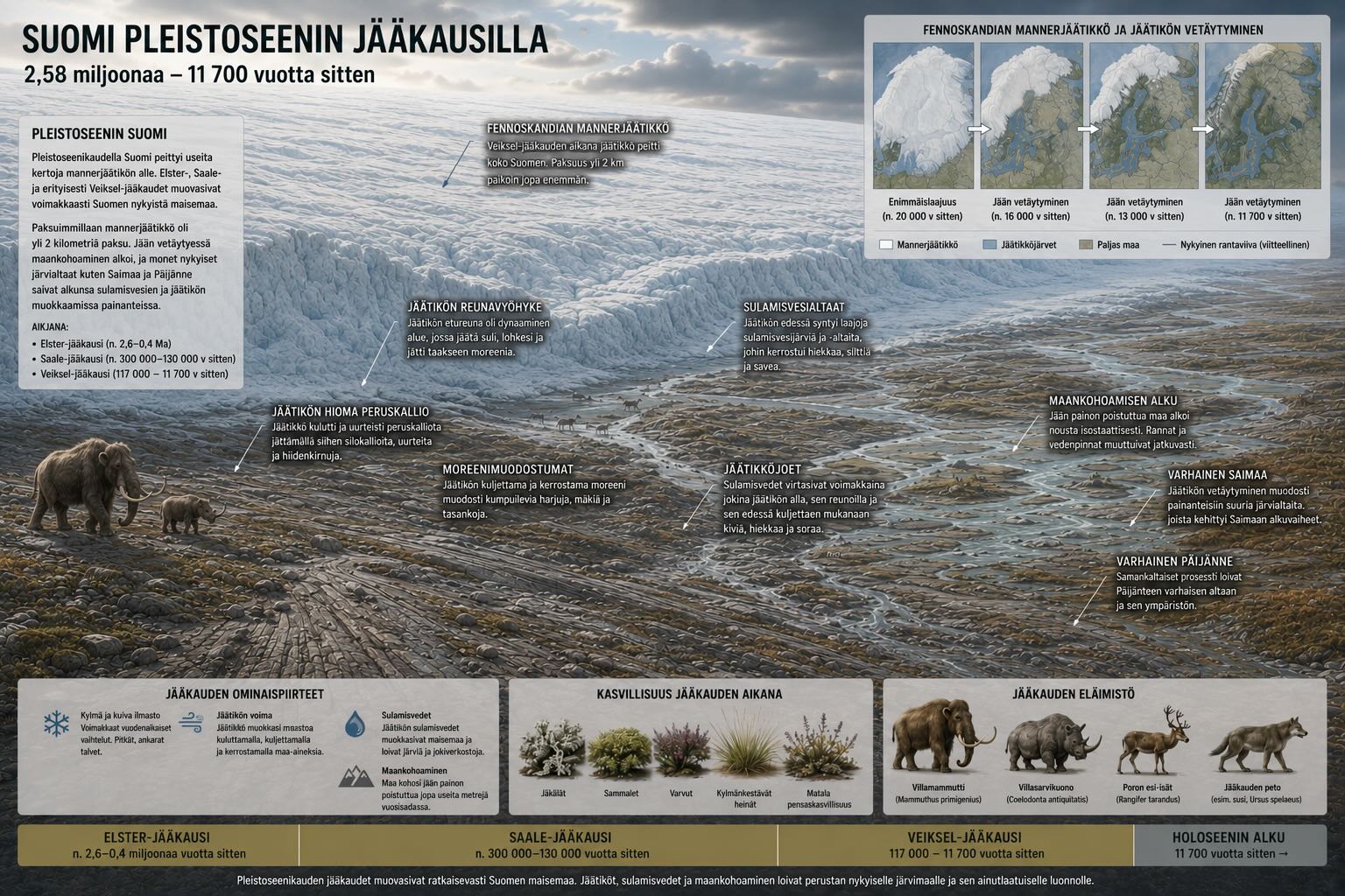 Suomen ilmastohistoria - pleistoseenin jääkaudet ja Veiksel-jääkausi, Fennoskandian mannerjäätikkö 2-3 kilometriä paksuna mammuteineen ja jäätikön reunavyöhykkeineen