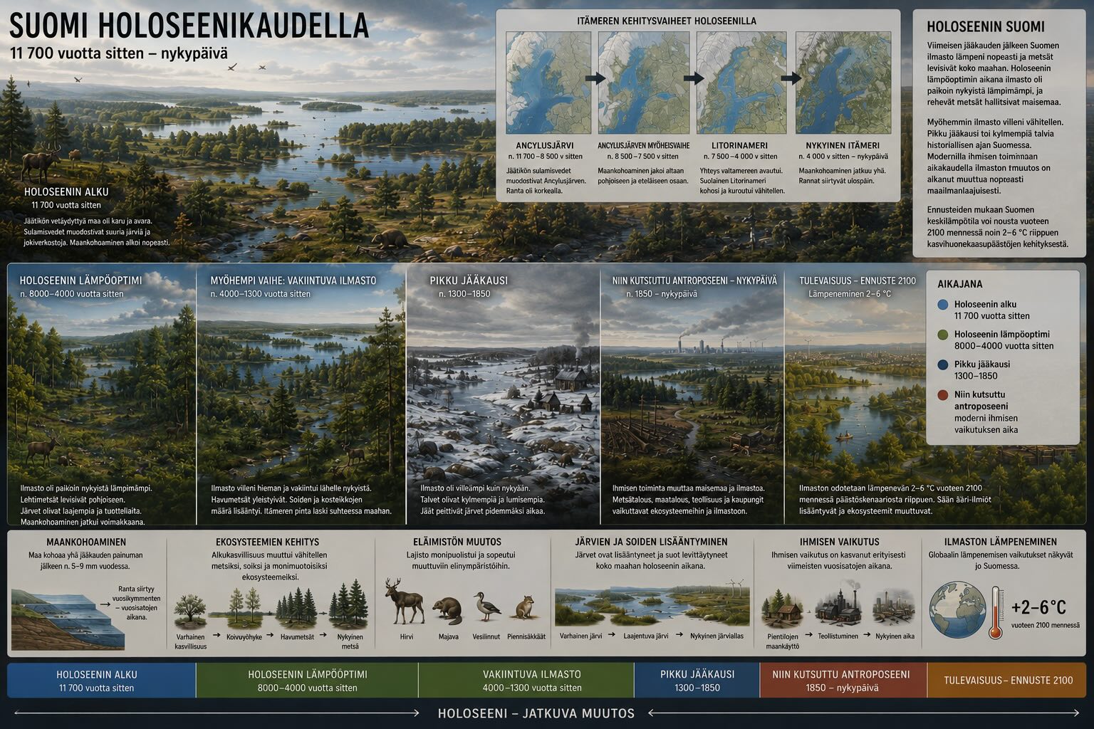 Suomen ilmastohistoria - holoseenikausi, jääkauden jälkeisen Suomen ilmaston kehitys lämpöoptimista pikku jääkauden kautta antroposeeniin ja tulevaisuuden ennusteisiin