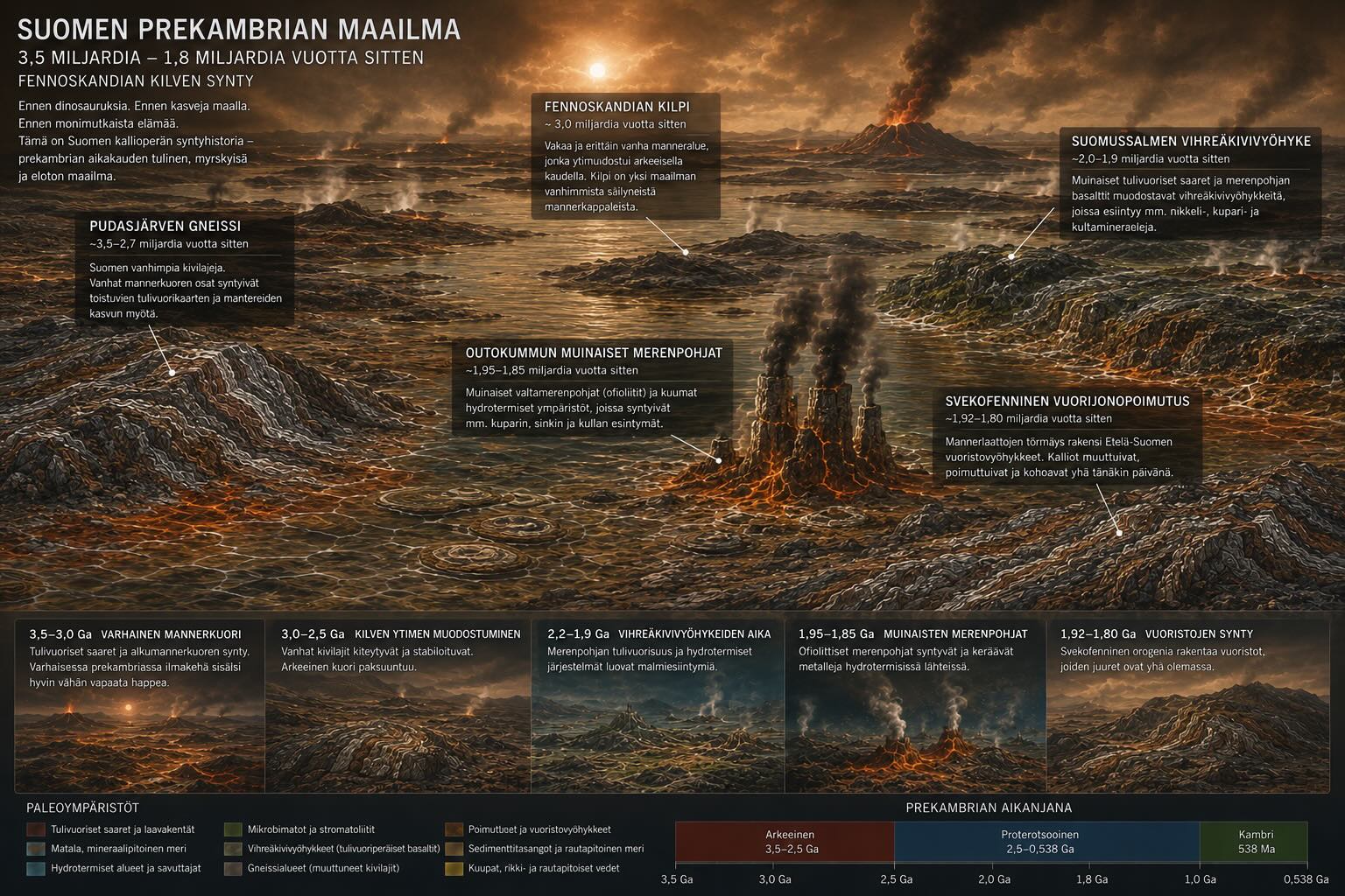Suomen ilmastohistoria - prekambri ja Fennoskandian kilven synty 3,5 miljardia vuotta sitten, tulivuoria ja muinaisia merenpohjia