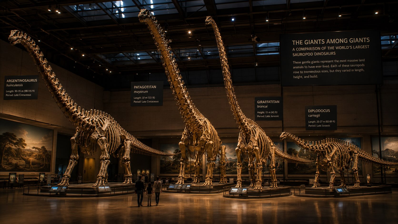 Suuret sauropodilöydöt – jättiläissauropodien Argentinosaurus, Patagotitan ja Giraffatitan kollaasi museoiden näytteistä