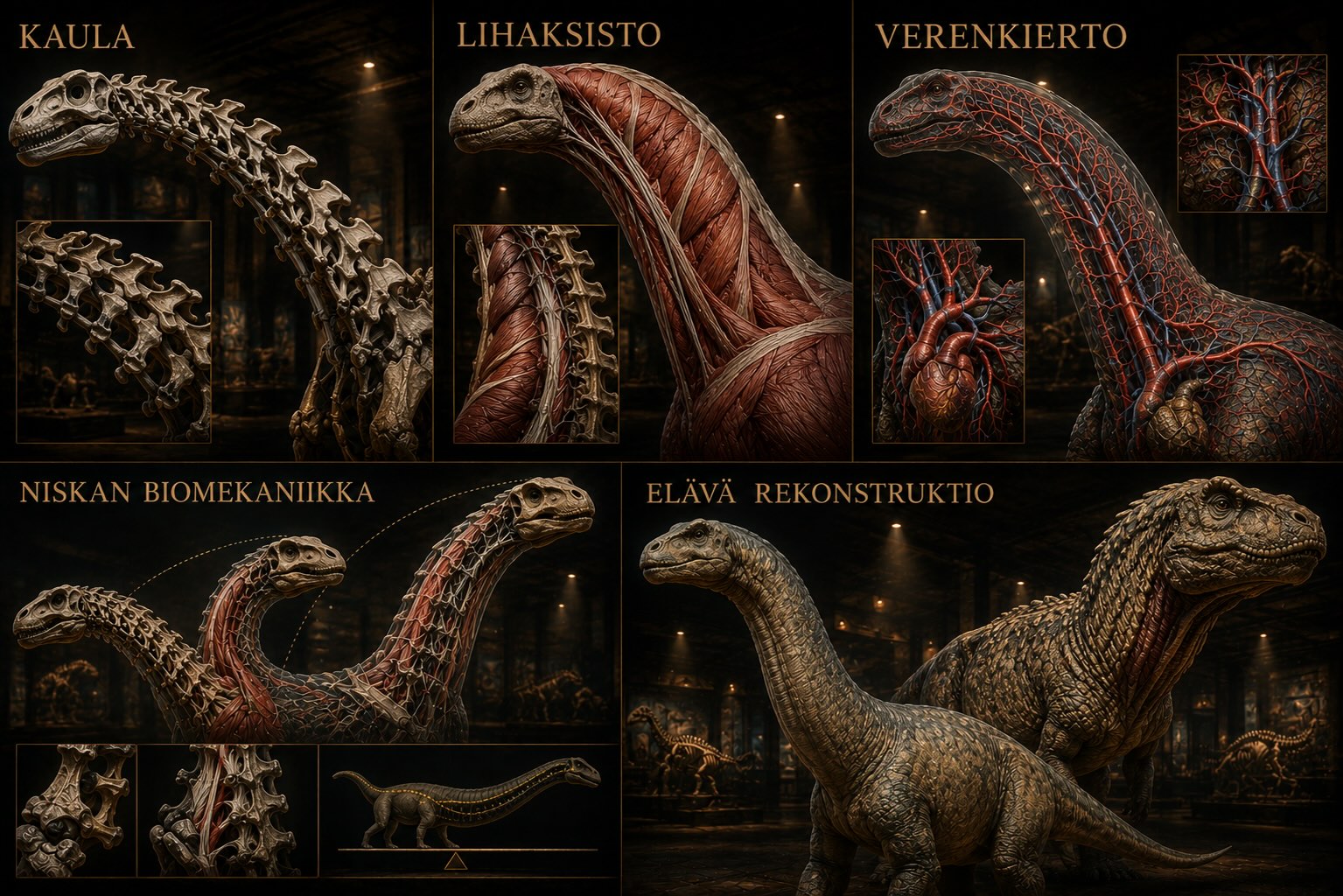 Dinosauruksen kaula ja verenkierto — pitkäkaulainen sauropodi laiduntamassa