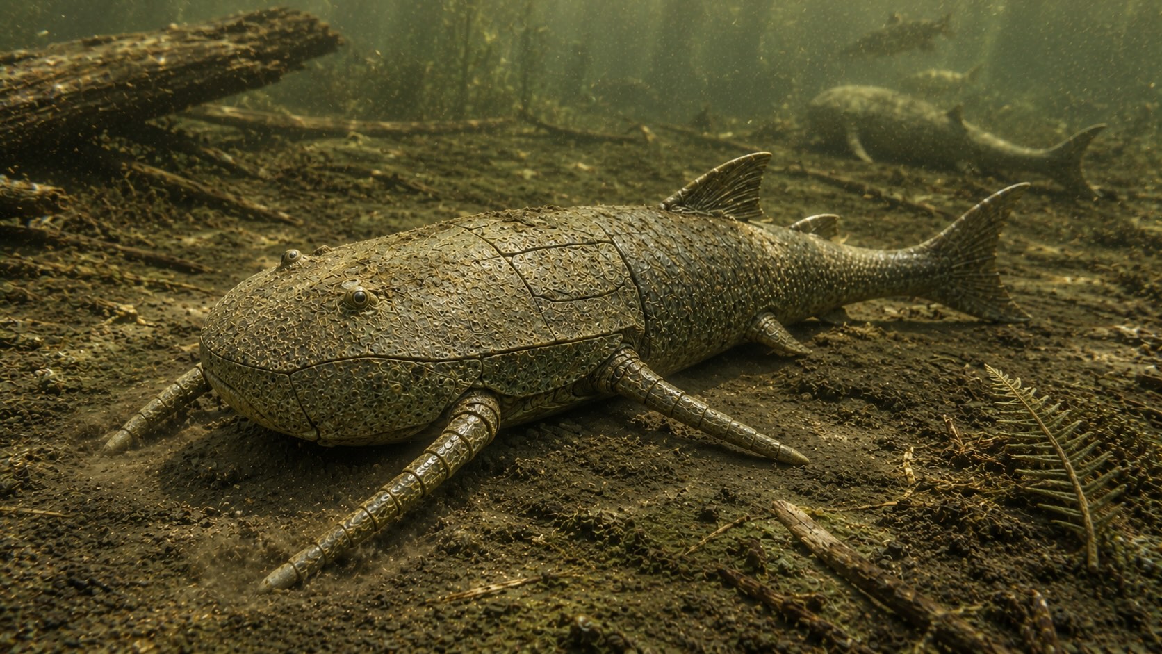 Bothriolepis, yleinen pieni panssarikala käsivarsimaisine rintaevineen