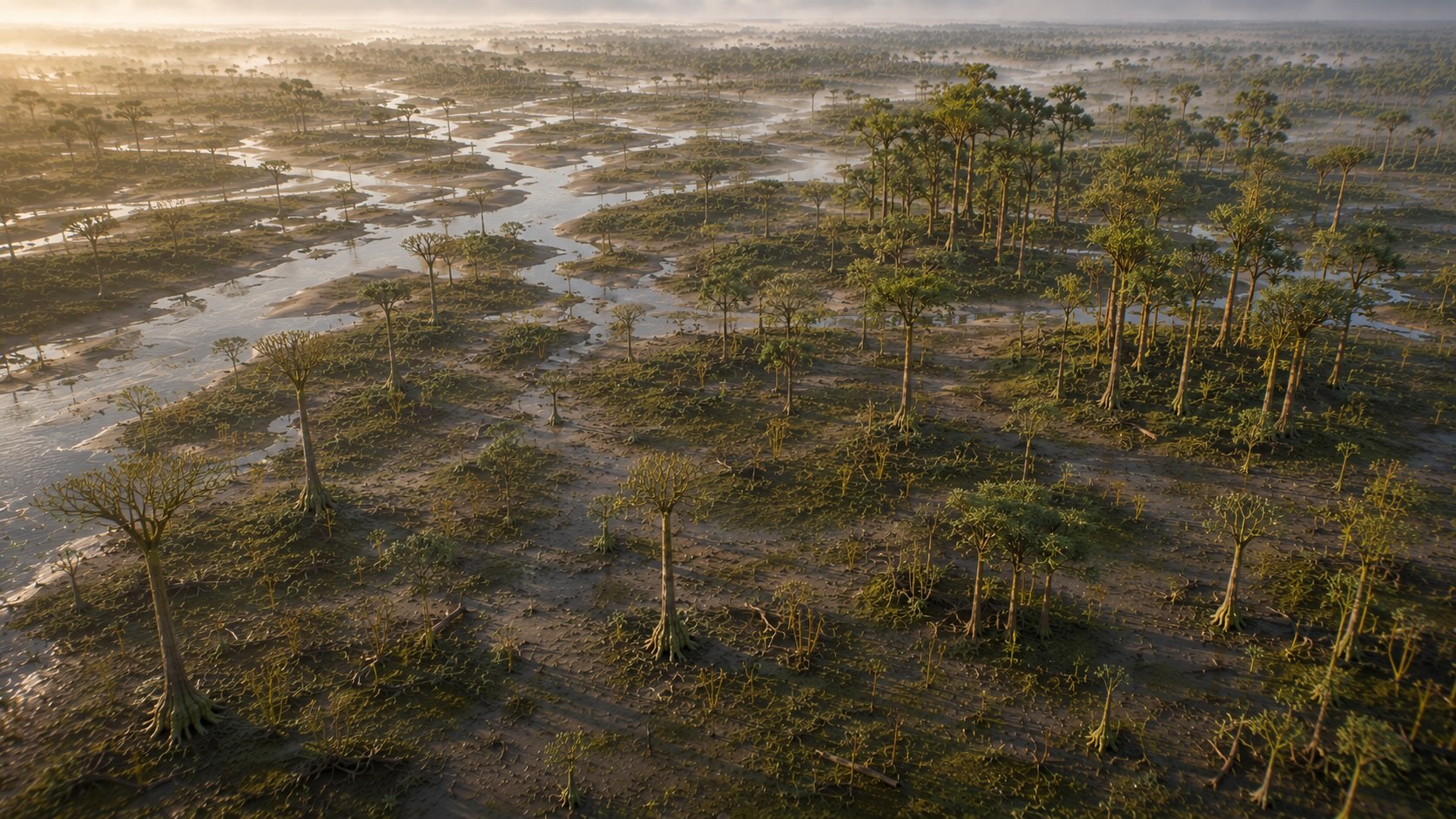 Ilmakuva maailman ensimmäisestä sekametsästä, jossa Archaeopteris leviää Wattiezan sekaan