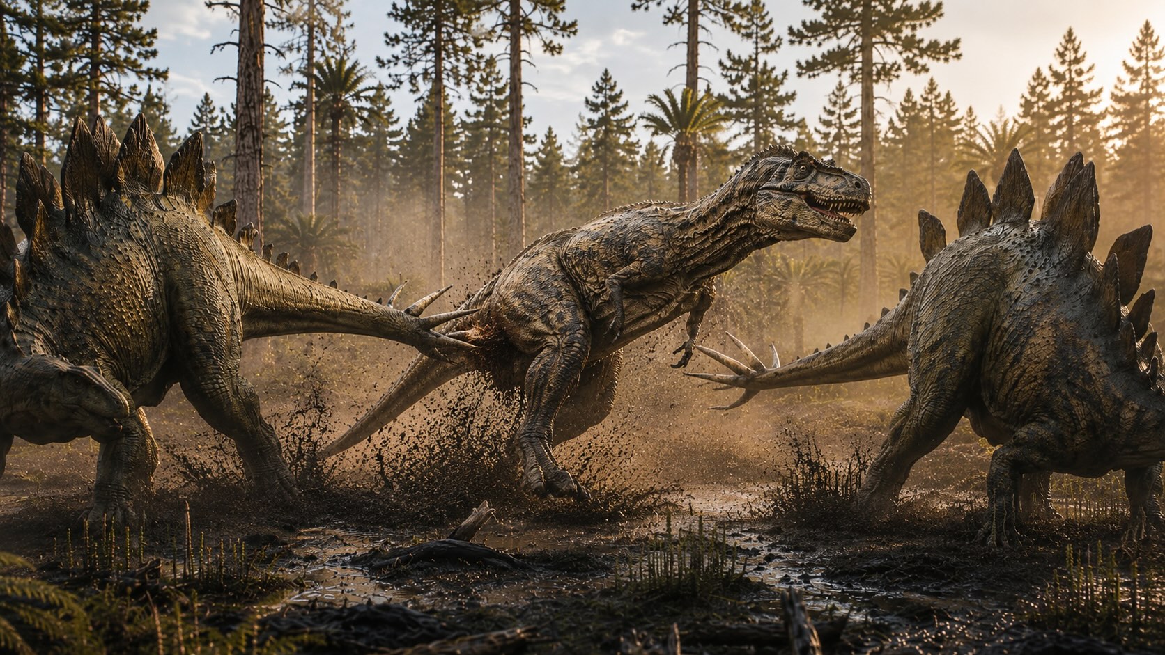 Jurakausi - Allosaurus kohtaa puolustautuvan Stegosauruksen, joka käyttää hännän piikkejään aseena