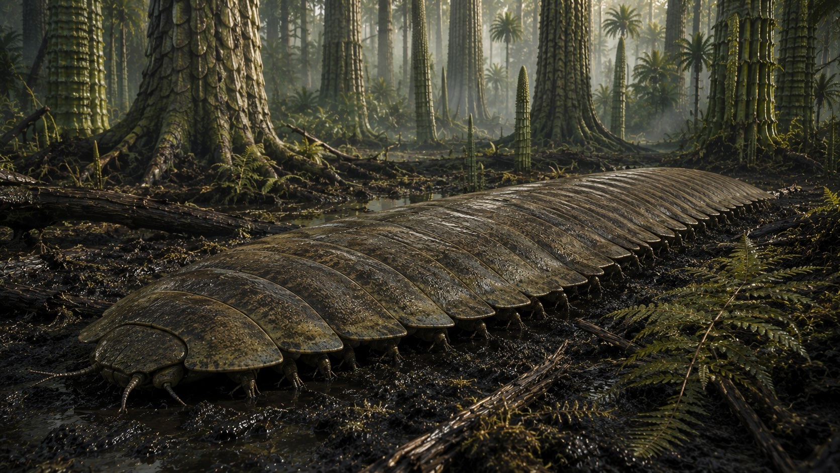 Arthropleura, jättimäinen tuhatjalkaisen sukulainen hiilimetsän pohjalla