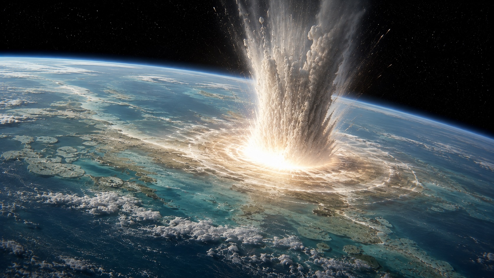 Dinosaurusten sukupuutto - Chicxulub-asteroidi iskeytyy maahan avaruudesta katsottuna 66 miljoonaa vuotta sitten