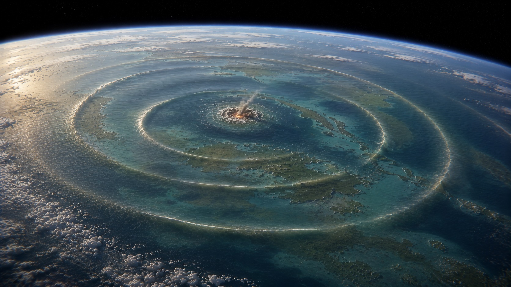 Dinosaurusten sukupuutto - Chicxulub-iskun laukaisema jättitsunami leviää avaruudesta katsottuna