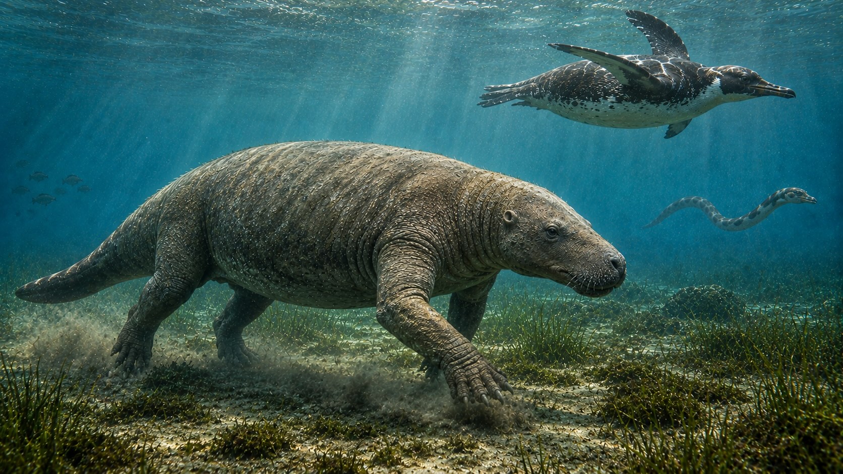 Eoseeni - matala trooppinen meri, jossa kävelevä merilehmä Pezosiren, pingviini ja merikäärme