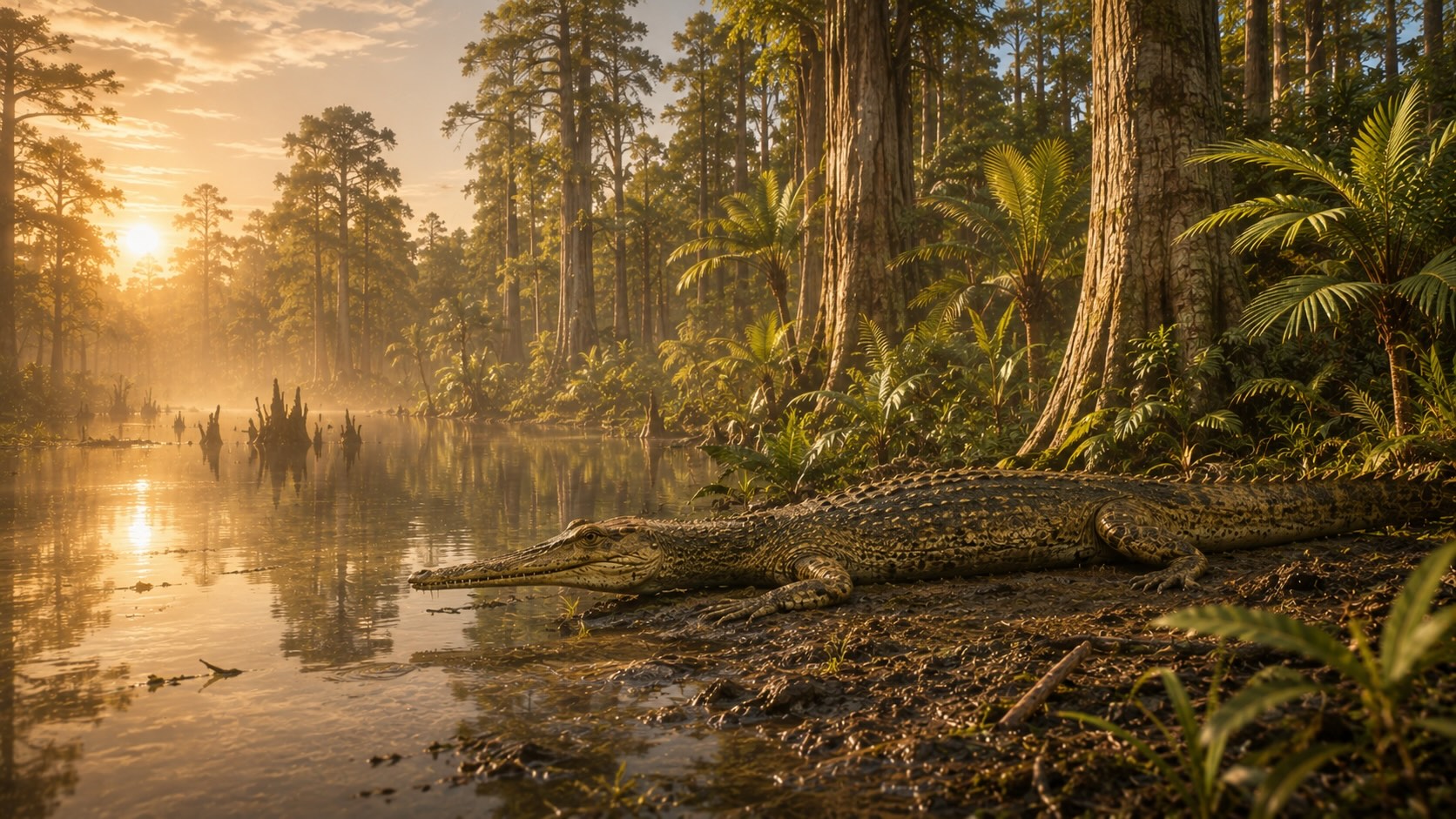 Eoseeni - lämmin napametsä, sypressejä ja palmuja korkealla pohjoisessa krokotiileineen