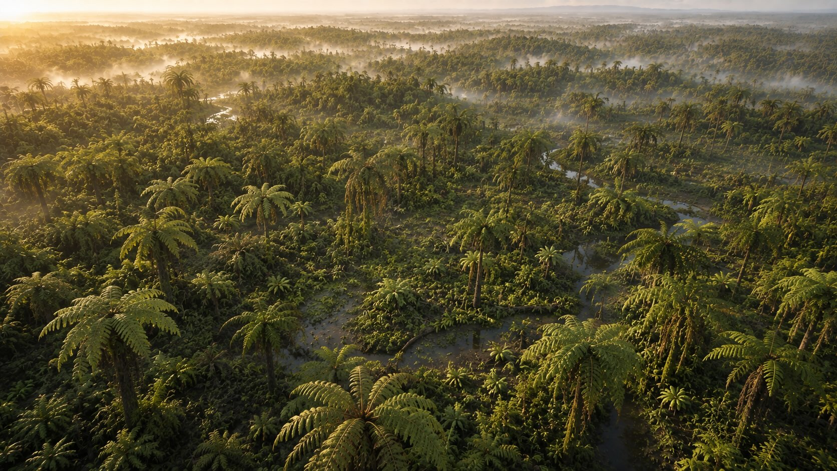 Ilmakuva hiilikauden Psaronius-saniaispuumetsästä