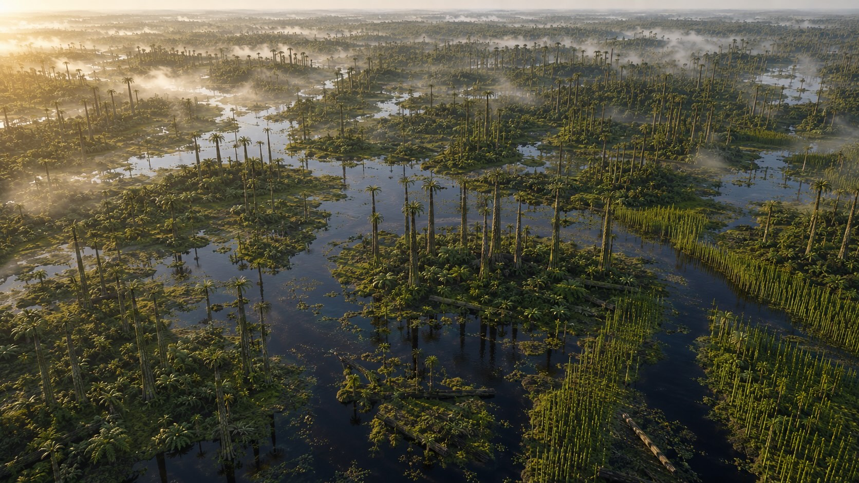 Ilmakuva hiilikauden liekopuumetsästä hiilisuolla