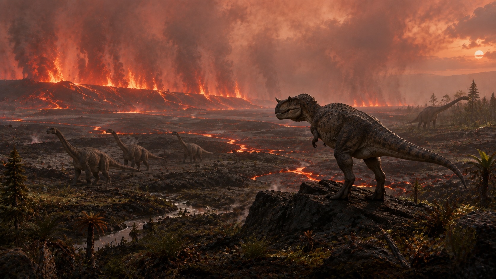 Liitukausi - Dekkanin tulivuorenpurkaukset Intiassa, taustalla Rajasaurus, Isisaurus ja Jainosaurus