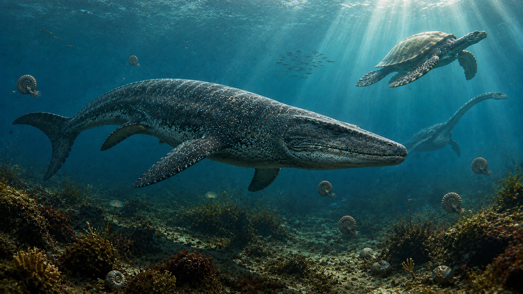 Liitukausi - liitukauden meri, Tylosaurus, Archelon ja pitkäkaulainen plesiosaurus