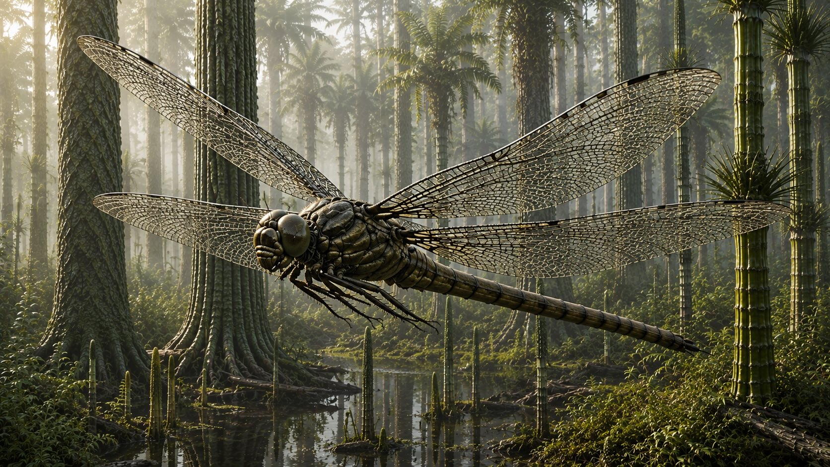 Meganeura, jättimäinen sudenkorennon sukulainen lentämässä hiilimetsässä
