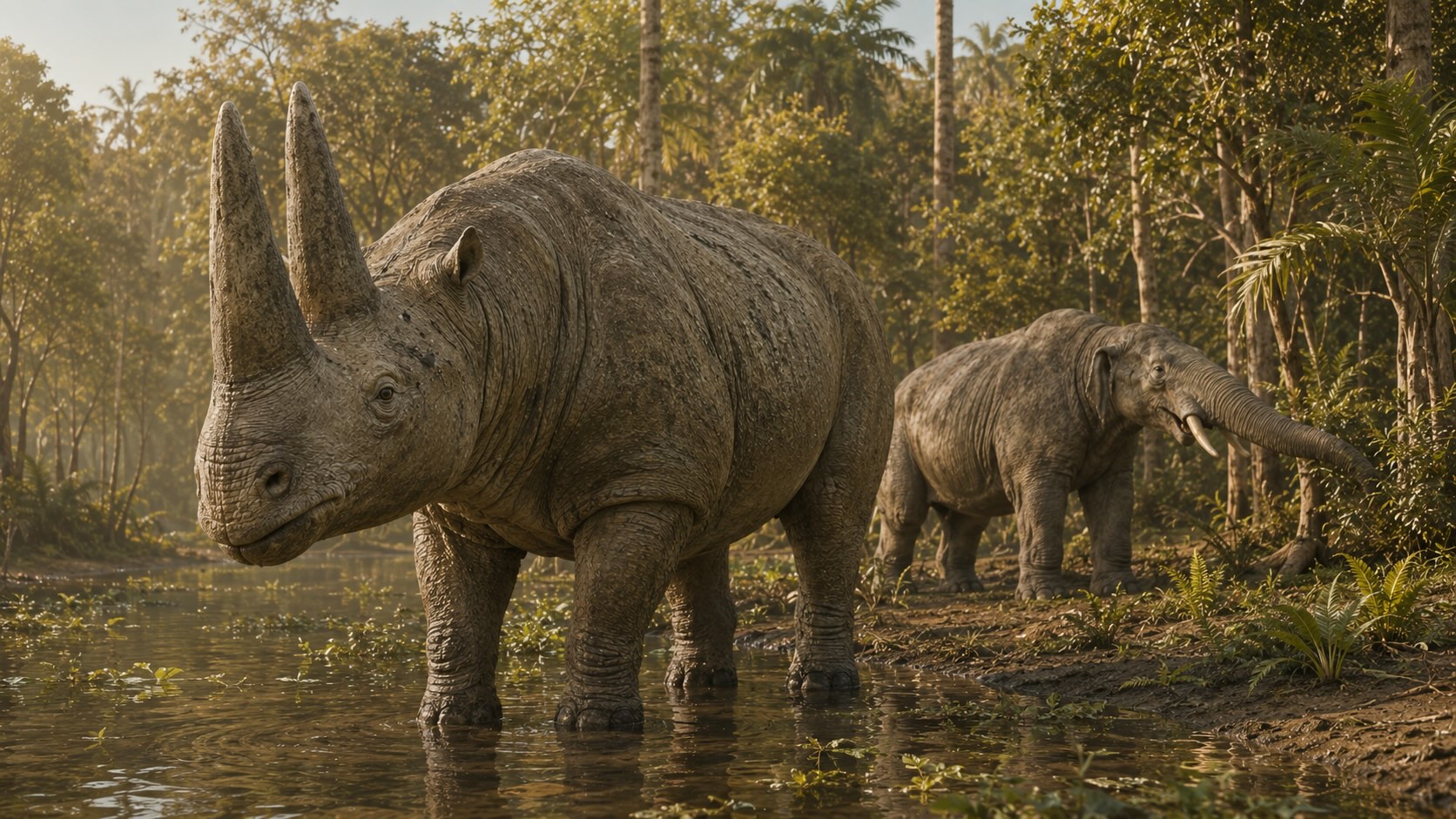 Oligoseenikausi - Arsinoitherium ja varhainen norsu Palaeomastodon Afrikan Fayumin kosteikossa