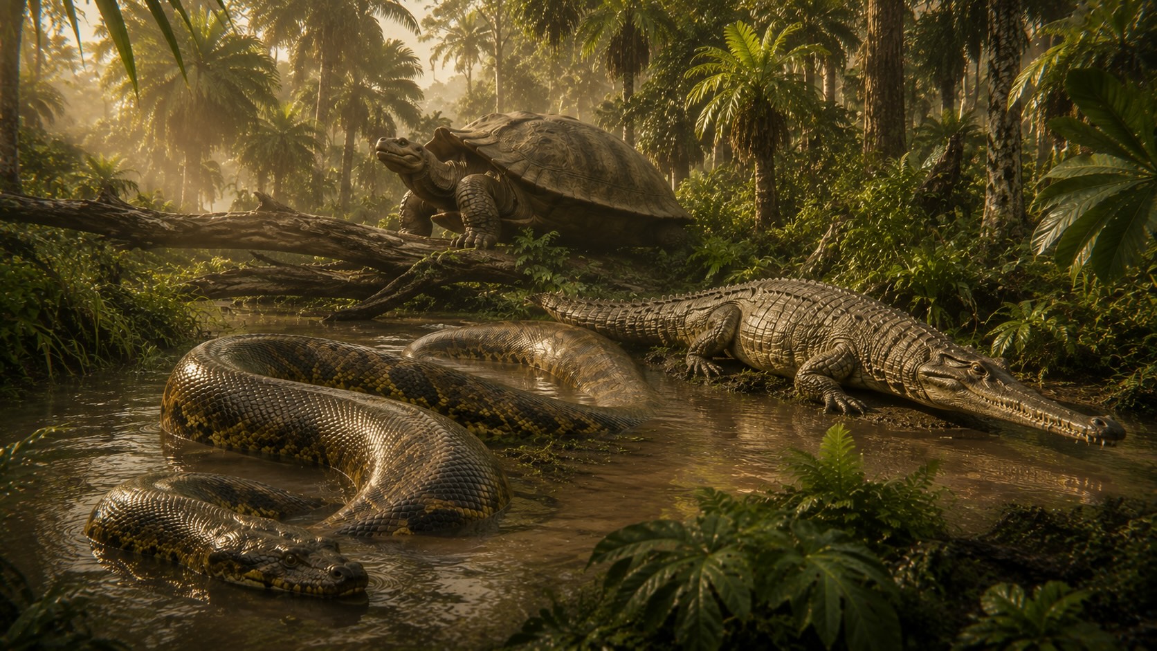 Paleoseenikausi - Cerrejónin sademetsä Kolumbiassa, Titanoboa ja merikrokotiili trooppisessa joessa