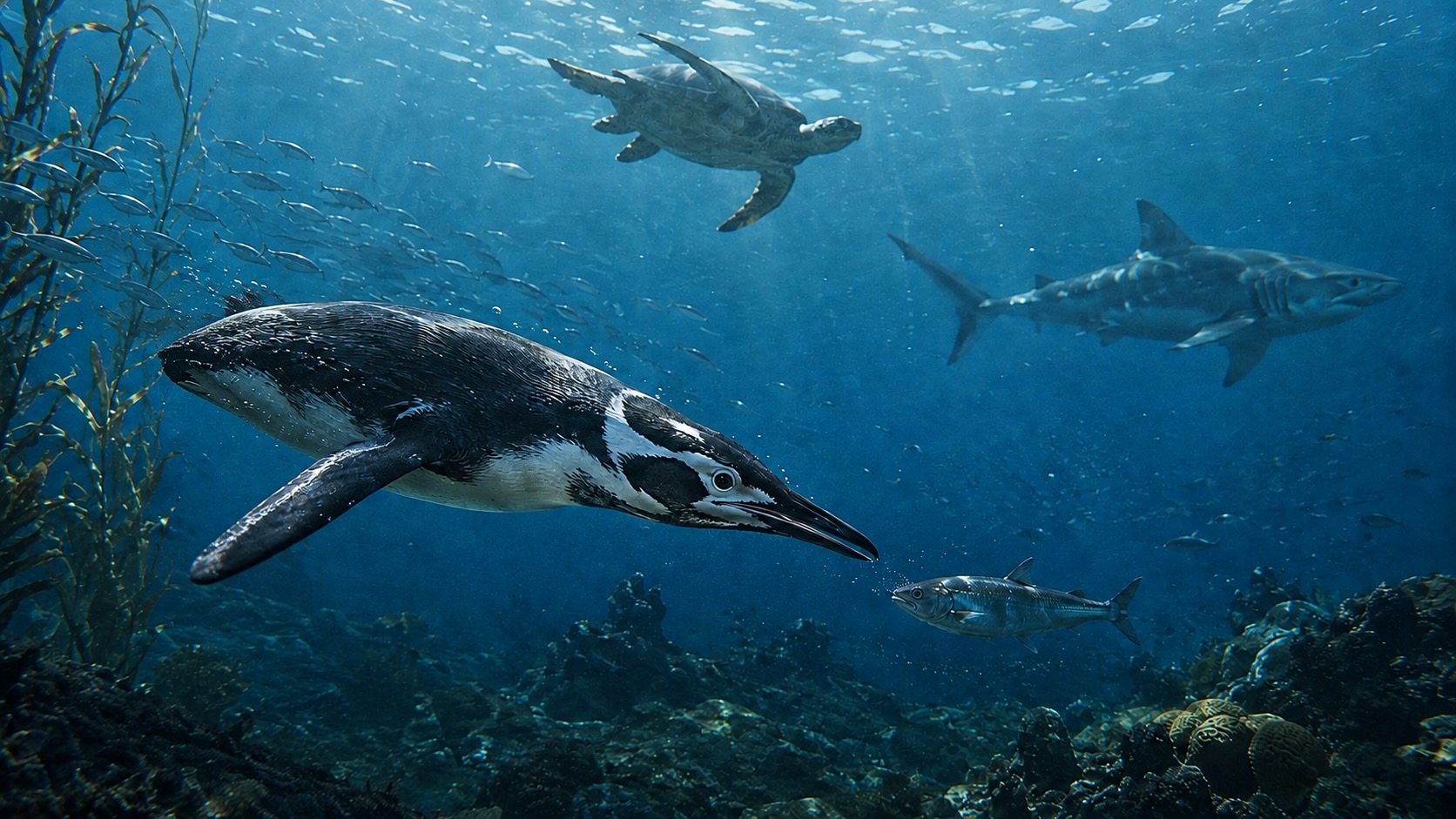 Paleoseenikausi - paleoseenin meri, jossa varhainen pingviini, hai ja merikilpikonna