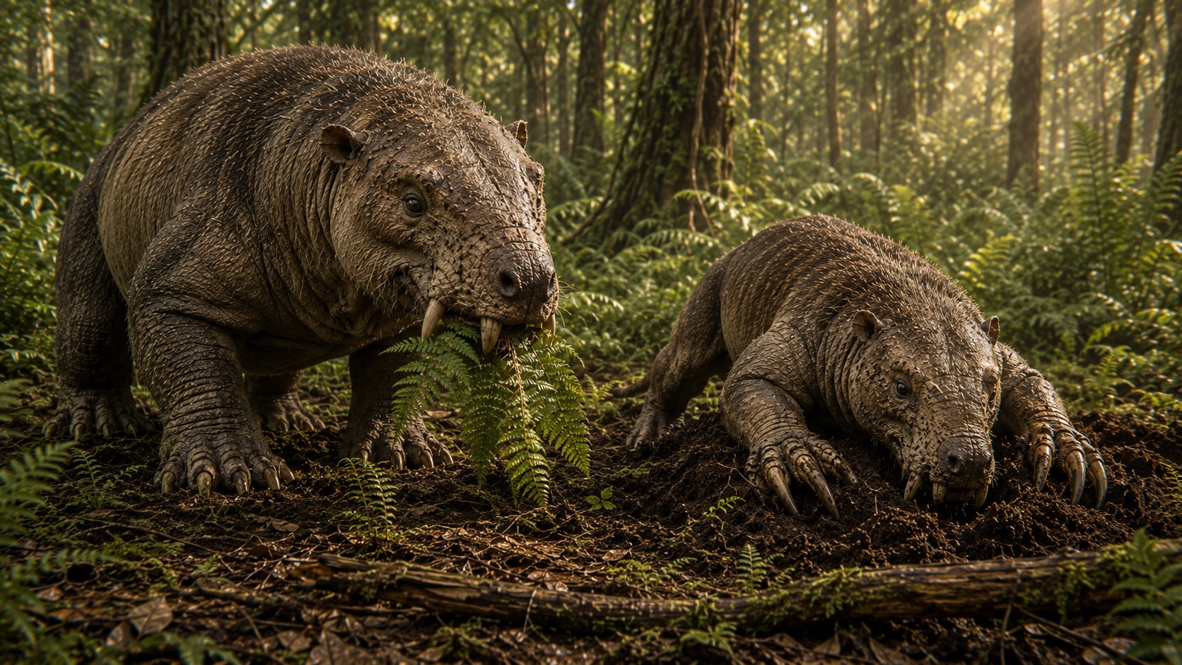 Paleoseenikausi - oudot arkaaiset nisäkkäät, pantodontti Titanoides ja Coryphodon metsässä