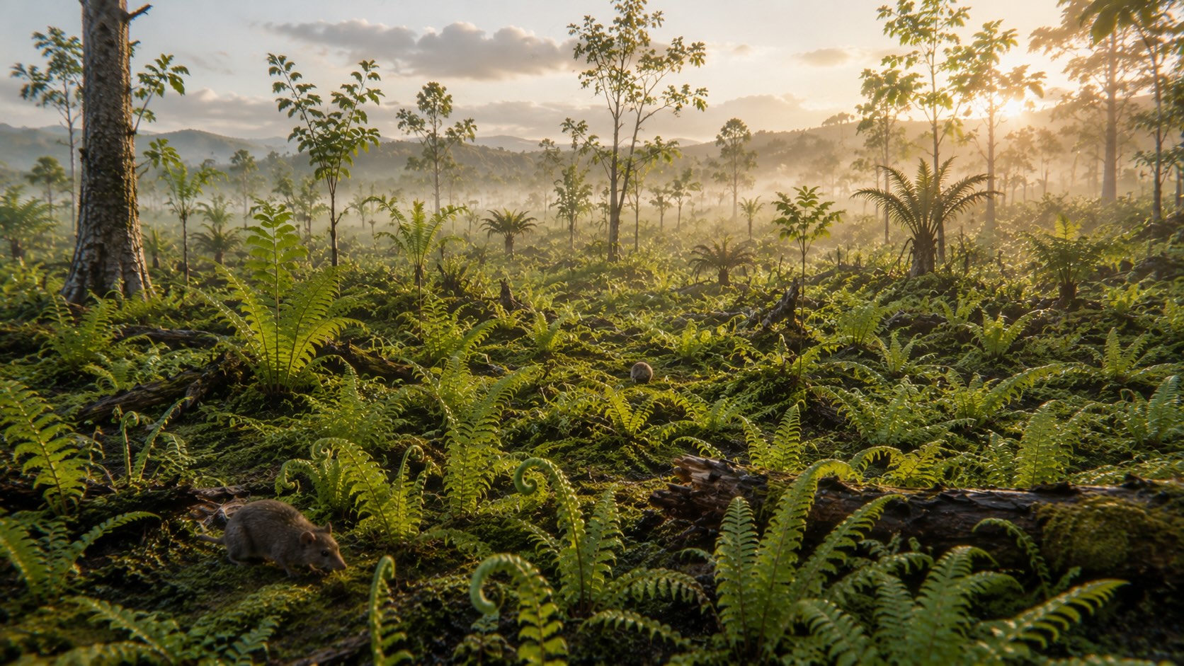 Paleoseenikausi - toipuva metsä, saniaisten peittämä maa ja nuori lehtipuumetsä joukkotuhon jälkeen
