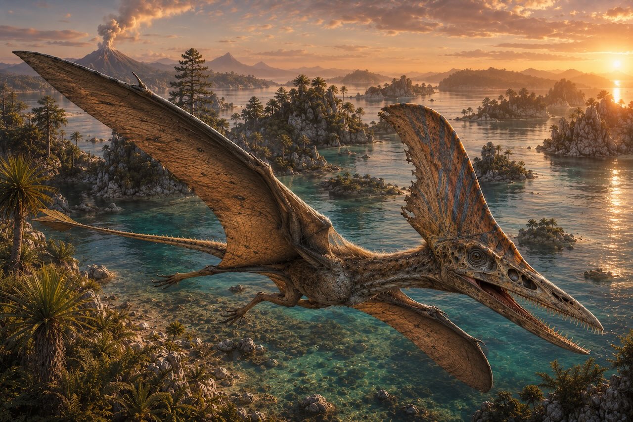 Triaskausi - Caviramus schesaplanensis, monihuippuisilla hampailla varustettu lentolisko liitelee saaristossa